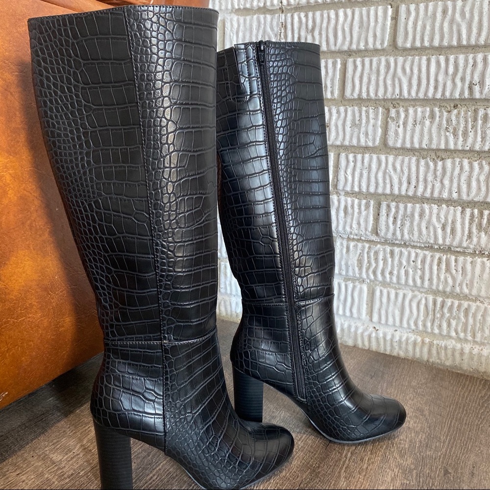 Black Croc Print Heeled Knee High Boots